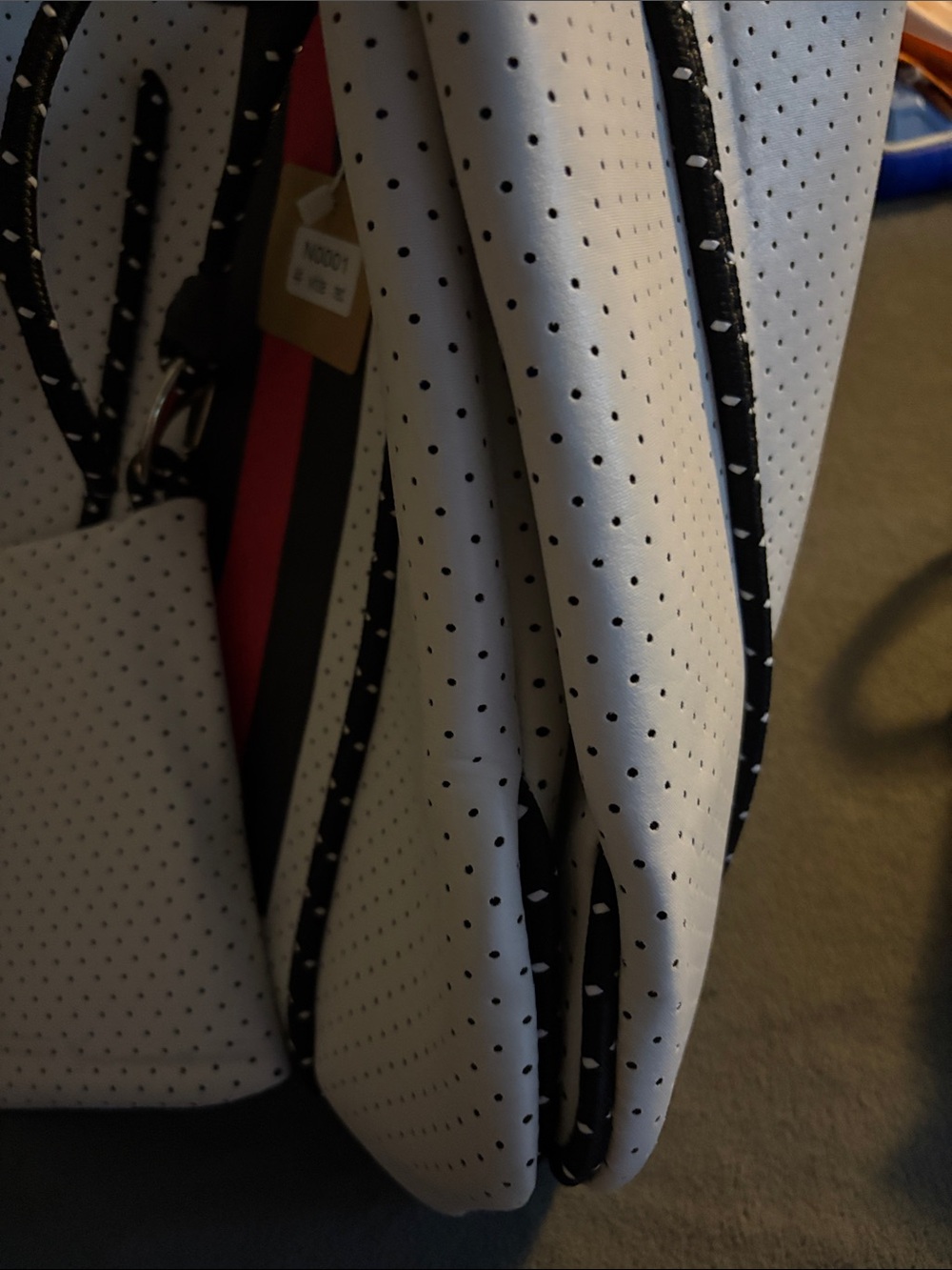 FASHION White Perforated Tote with Black and Red Stripes and Wristlet - - Picture 5 of 5